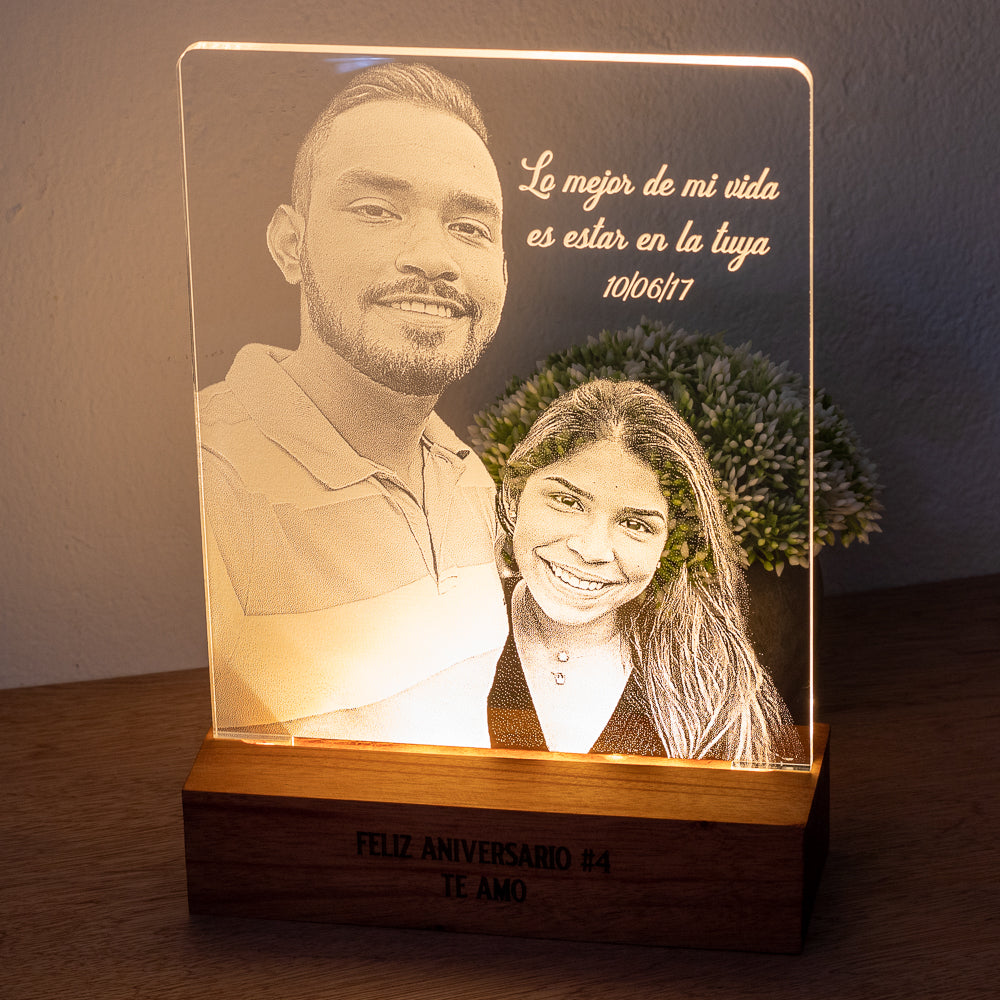 COD. 407 - Lámpara LED Personalizada con Foto - Base de Madera Sólida - Grabado Láser en Acrílico