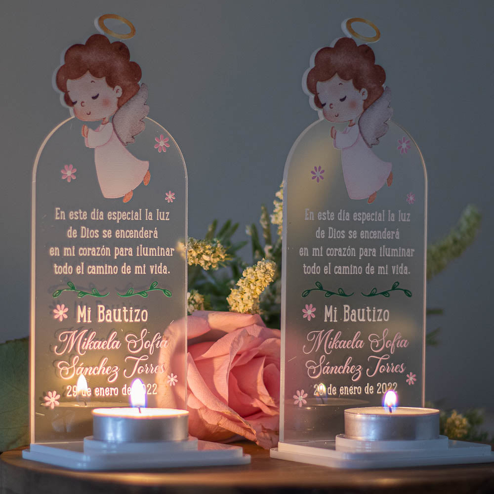 COD. 103 - Recordatorios de bautizo -  Portavela de Acrílico con Angelito Personalizable y Mensaje Iluminado