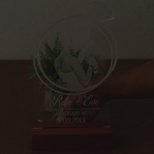 COD. 408 - Lámpara LED Anillo Diamante - Foto, Nombres y Fecha - Base Madera - Regalo Aniversario